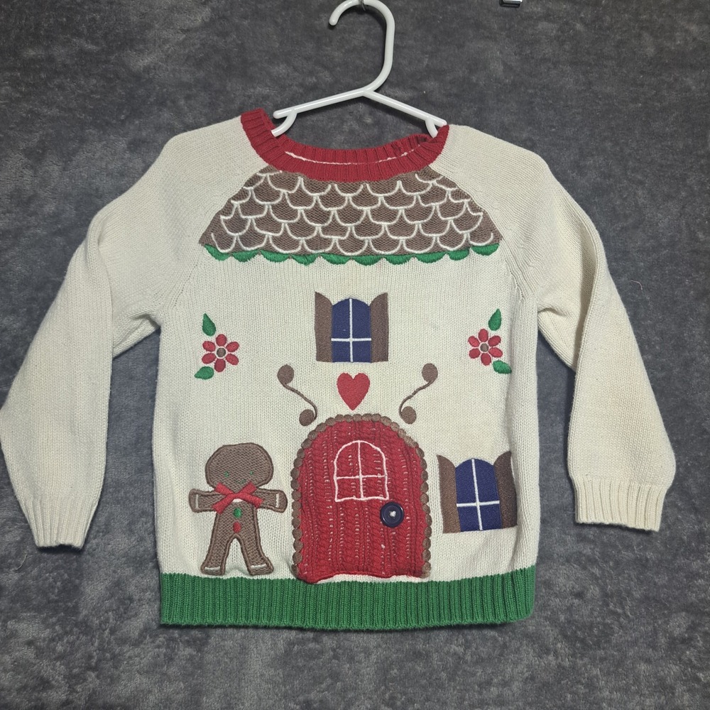 Tu Kids Gingerbread House Christmas Sweater Cream 1.5-2Y Holiday Festive Cute